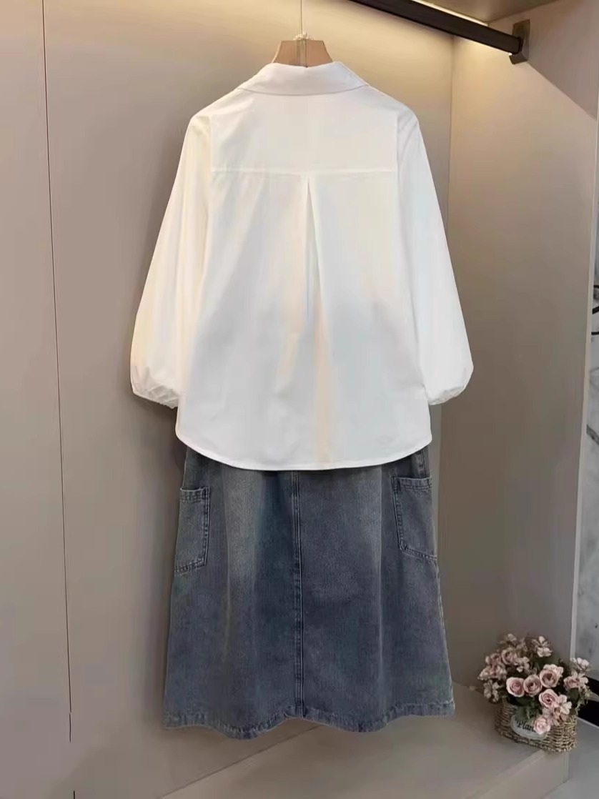꽃코사지화이트셔츠 청데님스커트 세트 투피스 진주단추 중년여성 빅사이즈 6XL까지 - 상세 이미지 2