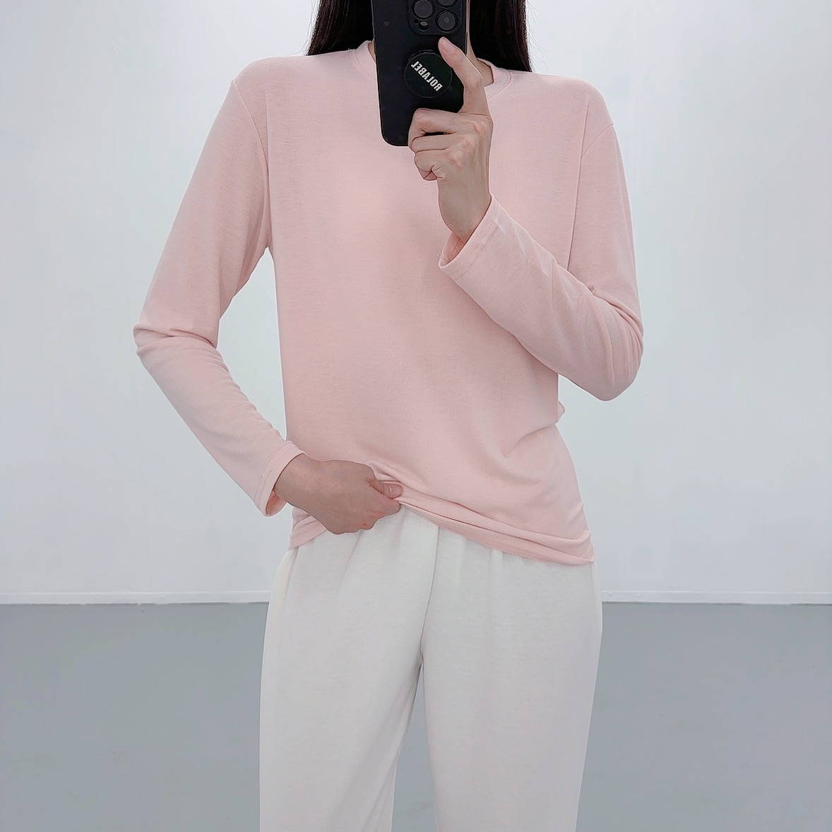 여성 긴팔티 이너 티셔츠 빅사이즈 레이어드 롱 무지 라운드넥 - 상세 이미지 5