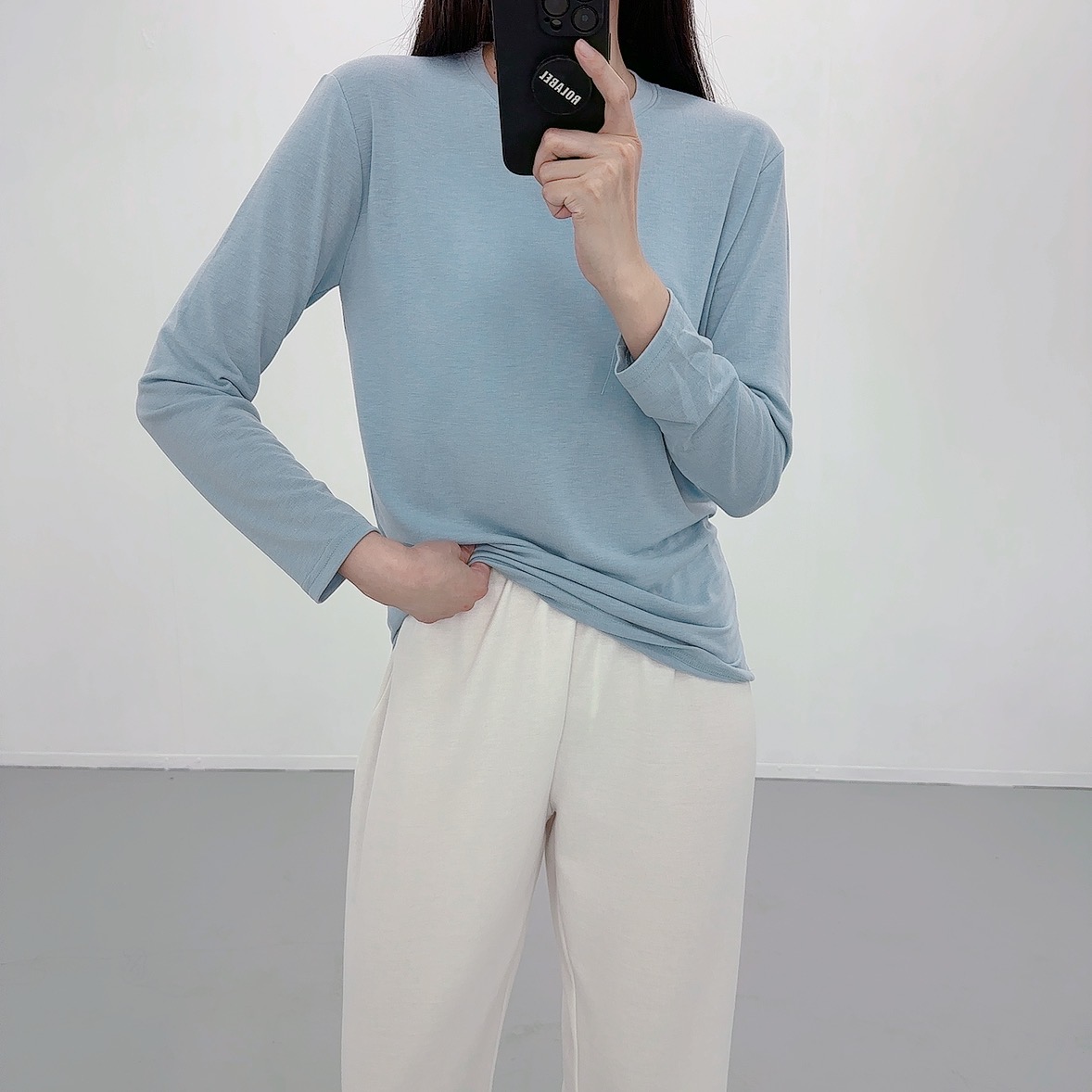 여성 긴팔티 이너 티셔츠 빅사이즈 레이어드 롱 무지 라운드넥 - 상세 이미지 2