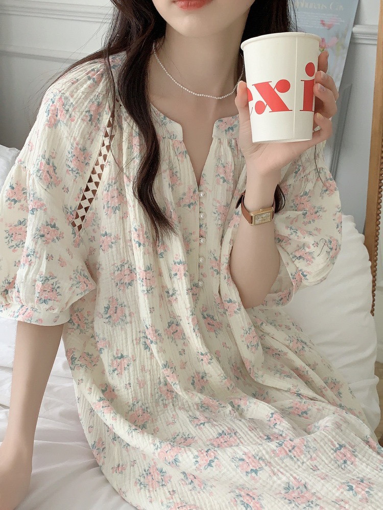 핑크꽃 빅사이즈 반팔원피스잠옷 임산부 요루면 자주 잠옷 홈웨어 여성 여름 파자마파티 - 상세 이미지 3
