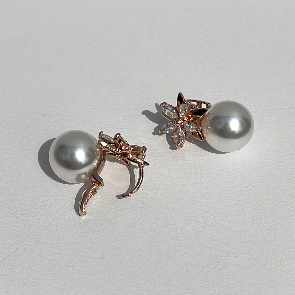 14K 18K 10mm 핵 진주 플라워 펄 큐빅 원터치 귀걸이 한복 혼주 이미지 8
