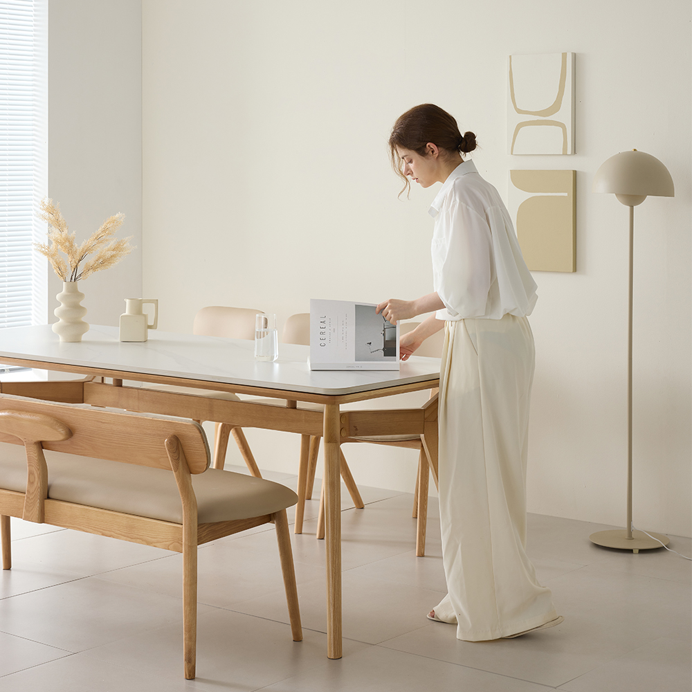 헤이븐 포세린 양면 세라믹 50R 애쉬 원목 4인용 식탁세트 1400 2인벤치1+의자2