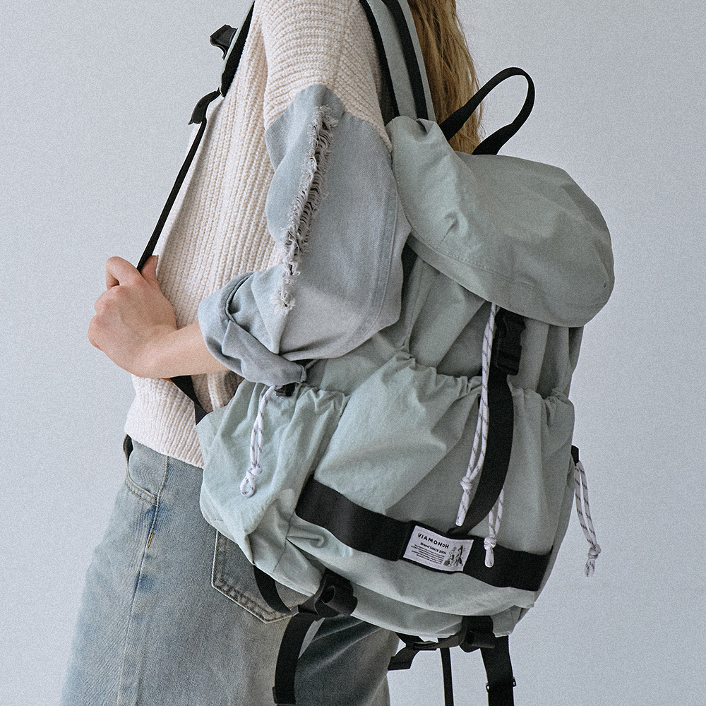 [비아모노] 트루비 스트링 럭색 여행용 보부상 확장형 나일론 백팩 민트그레이