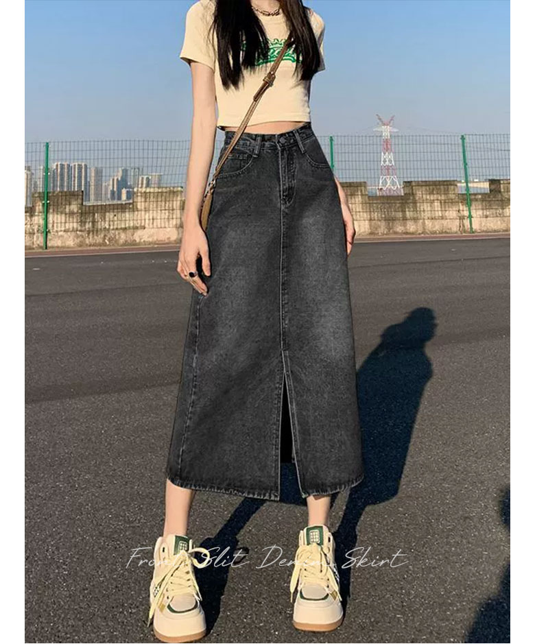 청 치마 앞트임 롱레그 라인 하이웨스트 롱 데님 스커트 블랙 흑청 연청 상세 이미지 1