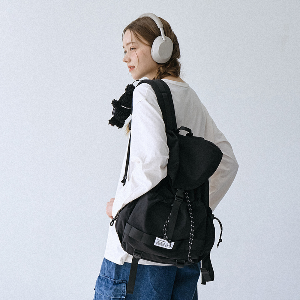 [비아모노] 트루비 스트링 럭색 여행용 보부상 확장형 나일론 백팩 블랙