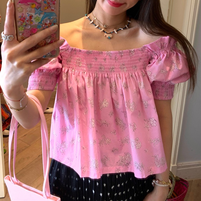 스퀘어넥 오프숄더 프린트반팔플라우스 순면 프릴 게더 포인트 루즈핏 체형보정 핑크색 여름 - 상세 이미지 2