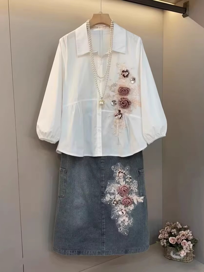 꽃코사지화이트셔츠 청데님스커트 세트 투피스 진주단추 중년여성 빅사이즈 6XL까지 - 상품 이미지