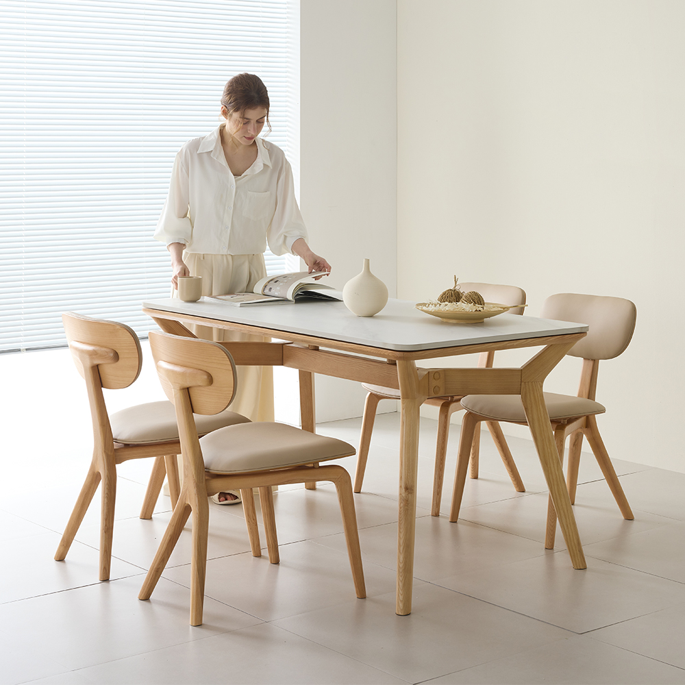헤이븐 포세린 양면 세라믹 50R 애쉬 원목 4인용 식탁세트 1400 2인벤치1+의자2