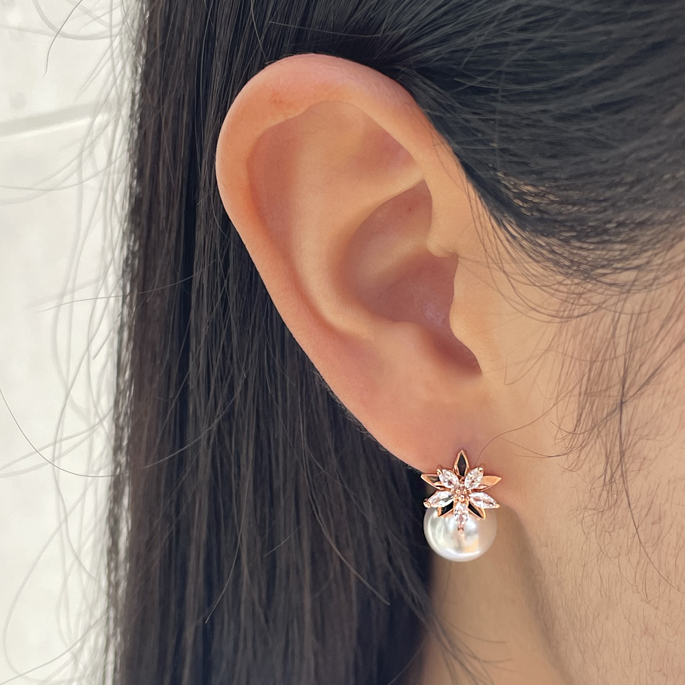 14K 18K 10mm 핵 진주 플라워 펄 큐빅 원터치 귀걸이 한복 혼주 - 상세 이미지 2