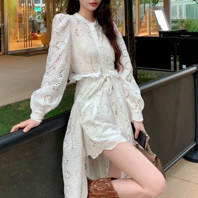 여름 여성 화이트 펀칭 레이스 롱원피스 긴팔 세트 여행룩 바캉스룩
