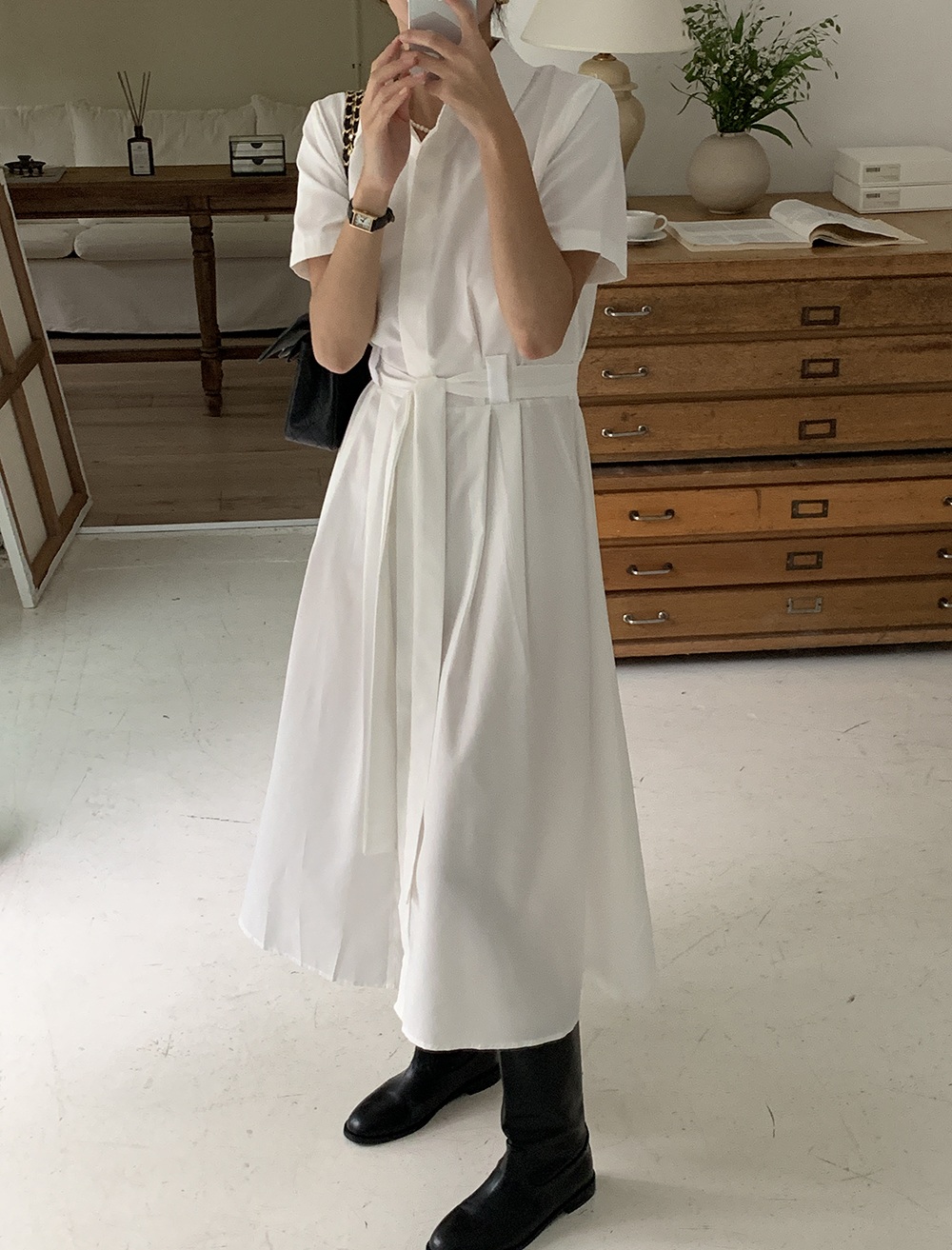 필립 카라넥 벨트 셔츠 롱 원피스 하객룩 핀턱 반팔 이미지 4