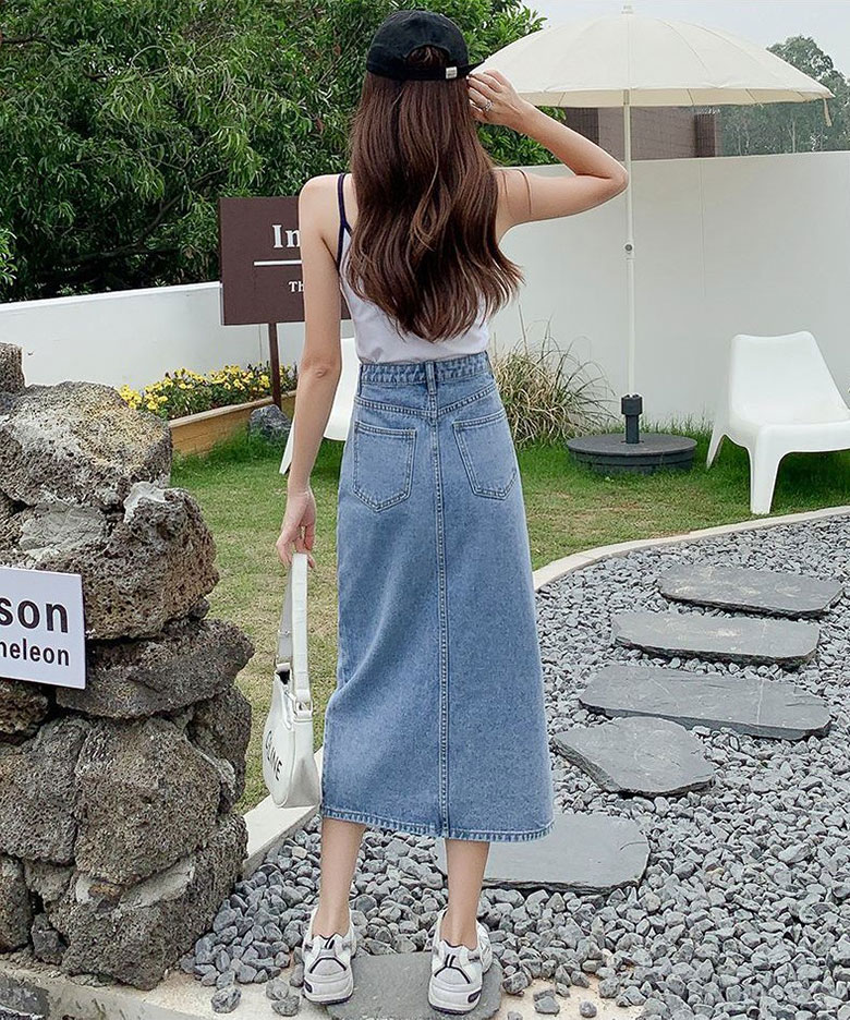 청 치마 앞트임 롱레그 라인 하이웨스트 롱 데님 스커트 블랙 흑청 연청 상세 이미지 9