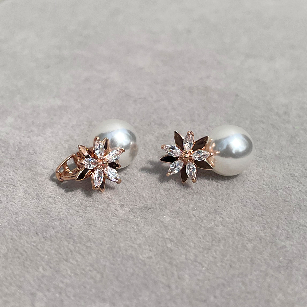 14K 18K 10mm 핵 진주 플라워 펄 큐빅 원터치 귀걸이 한복 혼주 이미지 6