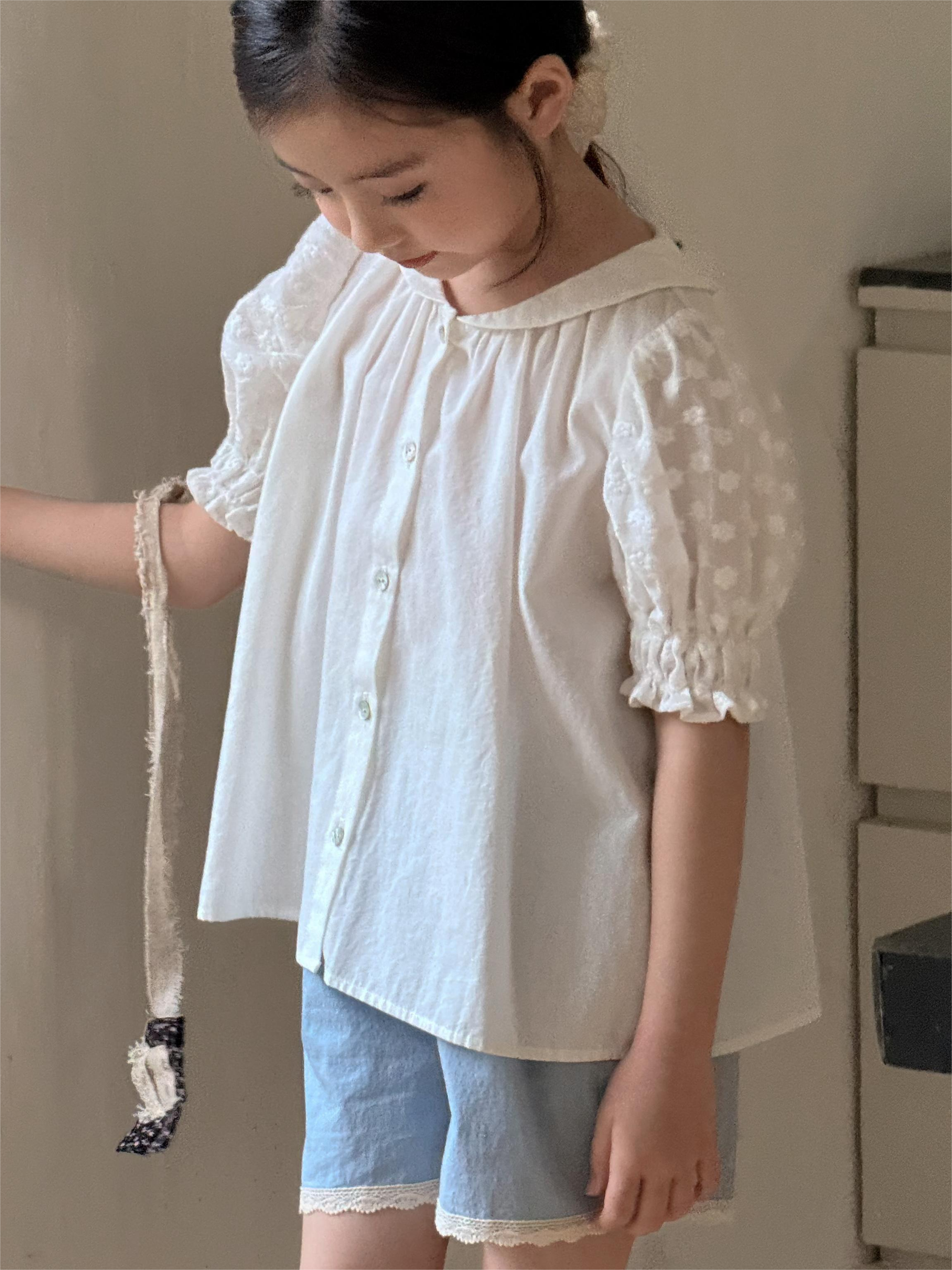 Irene's Closet 미니 숄칼라 순면 레이스 퍼프소매 반팔 블라우스 유아 주니어 여름