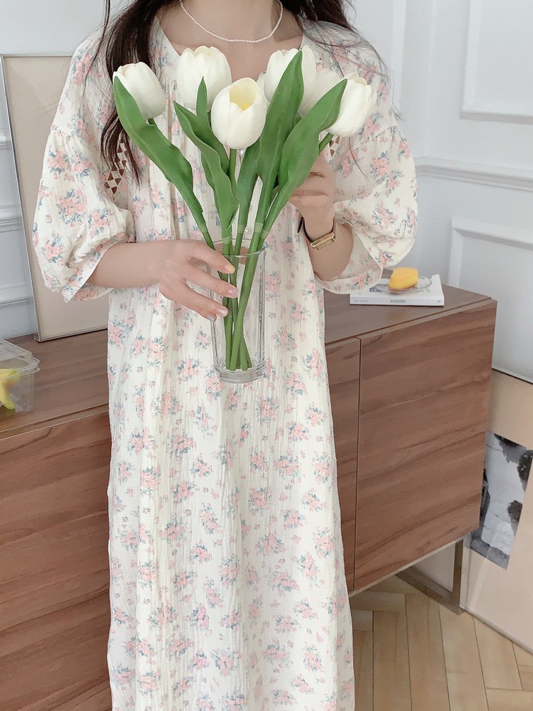 핑크꽃 빅사이즈 반팔원피스잠옷 임산부 요루면 자주 잠옷 홈웨어 여성 여름 파자마파티 - 상세 이미지 2