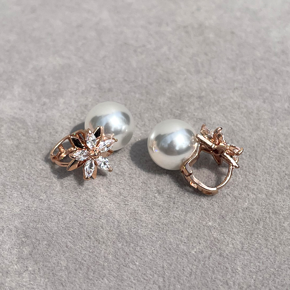 14K 18K 10mm 핵 진주 플라워 펄 큐빅 원터치 귀걸이 한복 혼주 이미지 7