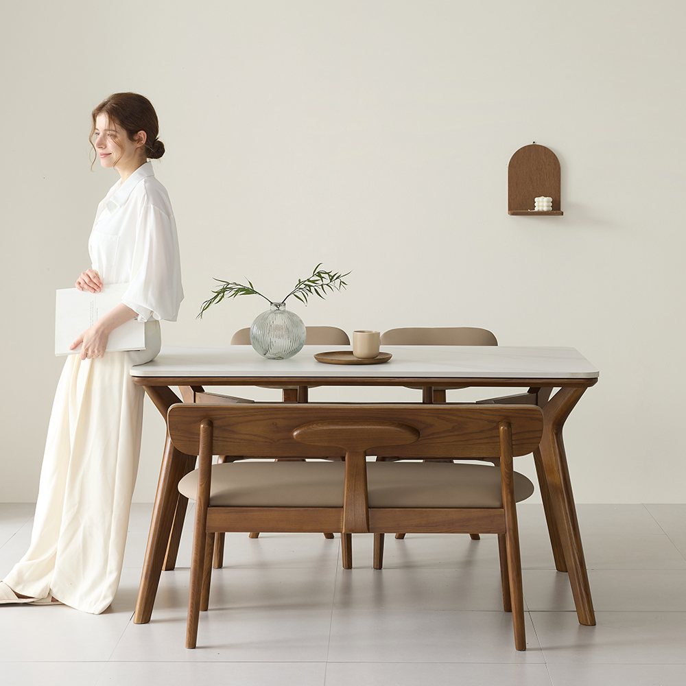 헤이븐 포세린 양면 세라믹 50R 애쉬 원목 4인용 식탁세트 1400 2인벤치1+의자2