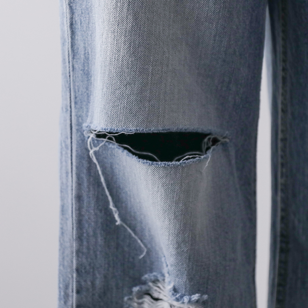 유닉 데미지 일자핏 와이드 뒷밴딩 찢청바지 데님팬츠 - 상세 이미지 4