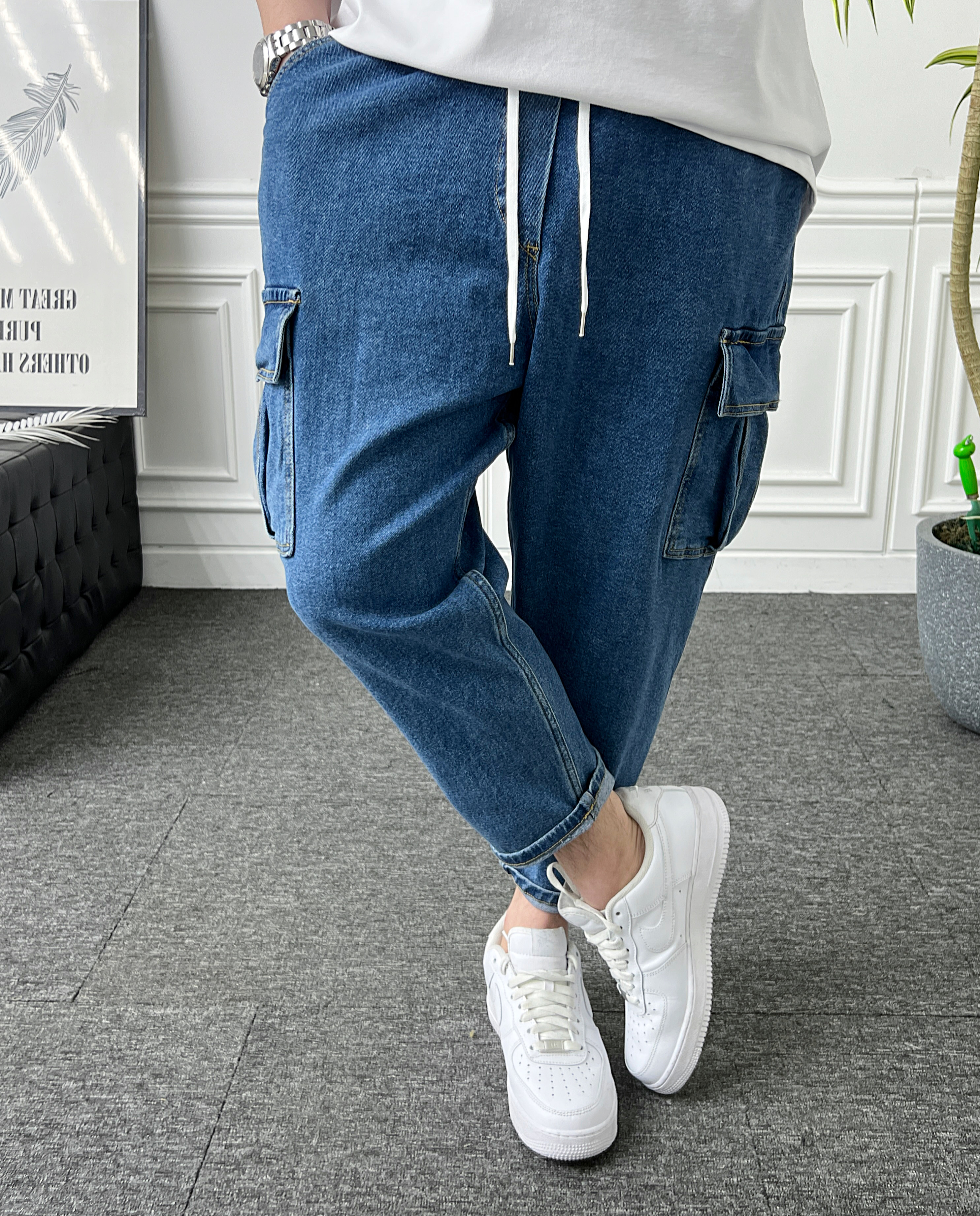 남자 배기 청바지 밴딩 카고 워싱 벌룬핏 데님팬츠 이미지 7