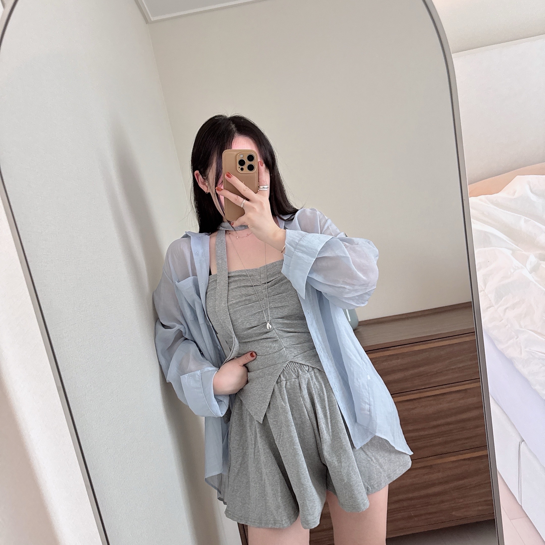 3pcs 블리 셔링 타이 나시+밴딩 와이드 플레어 치마바지 반바지 숏팬츠 투피스 세트 상세 이미지 30