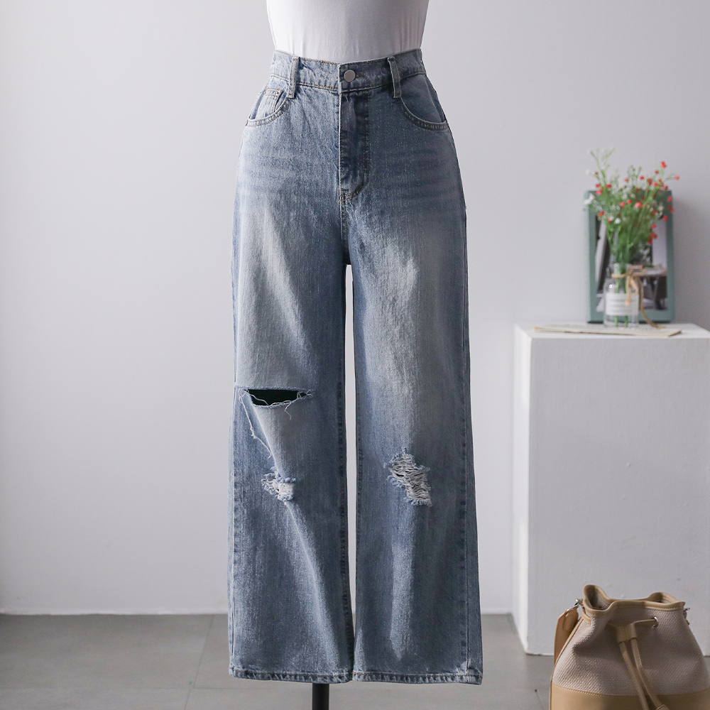 유닉 데미지 일자핏 와이드 뒷밴딩 찢청바지 데님팬츠 - 상세 이미지 2