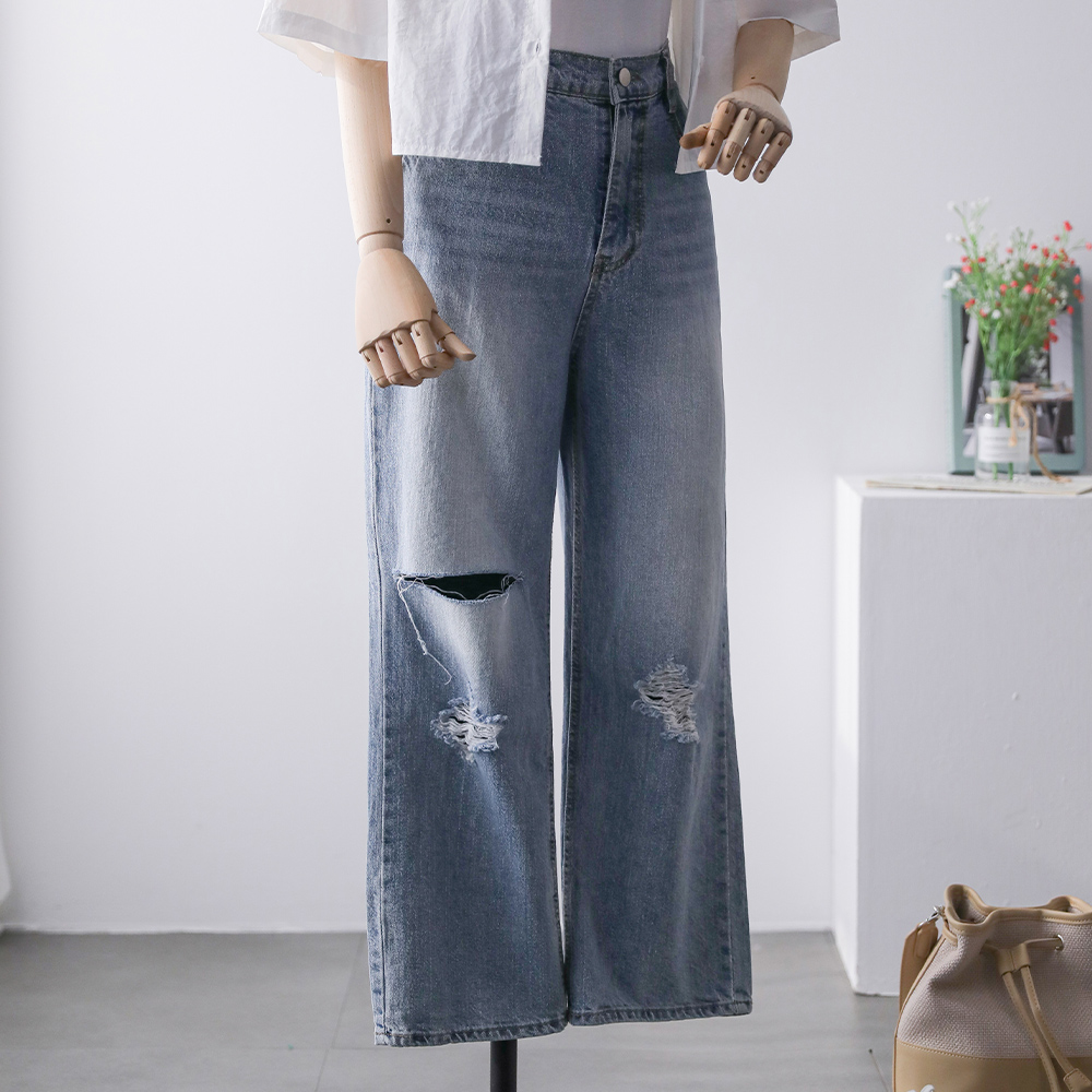 유닉 데미지 일자핏 와이드 뒷밴딩 찢청바지 데님팬츠 - 상세 이미지 3