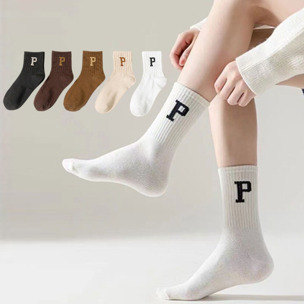 5켤레 세트 P 골지 양말 5컬러 베이직 여성용 중목양말 데일리 여자 삭스 - 상품 이미지