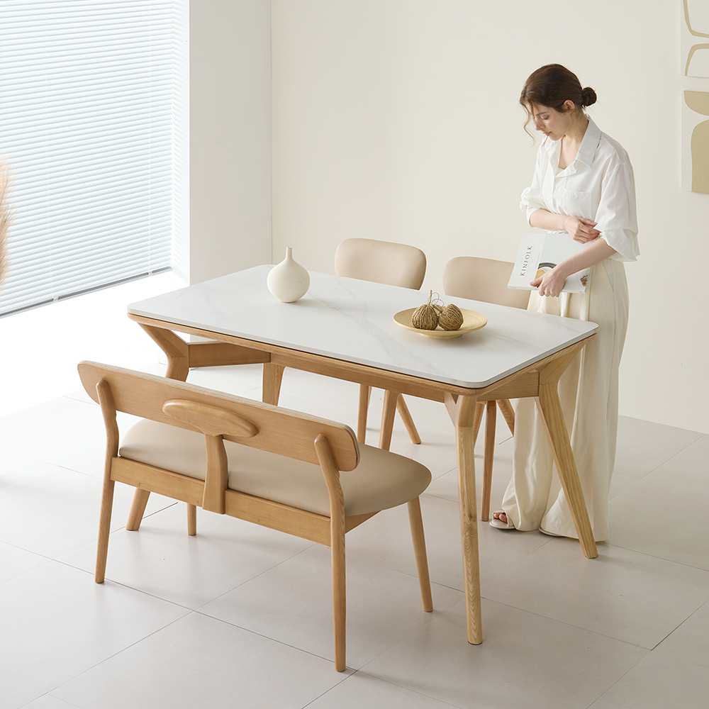 헤이븐 포세린 양면 세라믹 50R 애쉬 원목 4인용 식탁세트 1600 2인벤치1+의자2