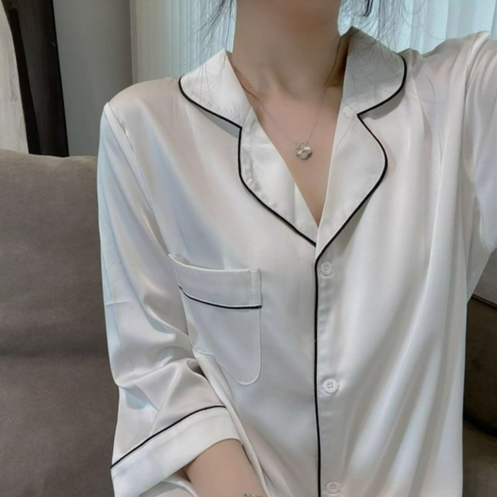 실키 원피스 카라 셔츠 잠옷 휴양지 홈웨어 파자마 - 상세 이미지 2