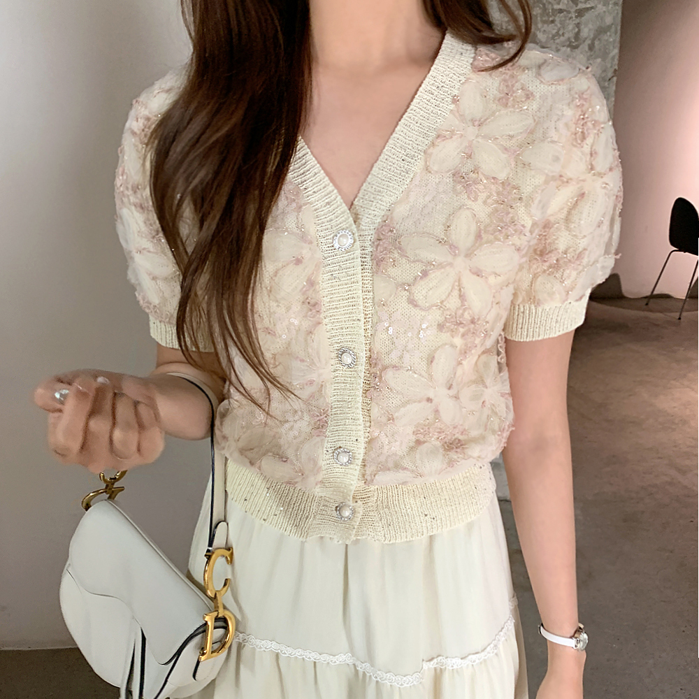 바비앙 플라워 레이스 반팔 가디건