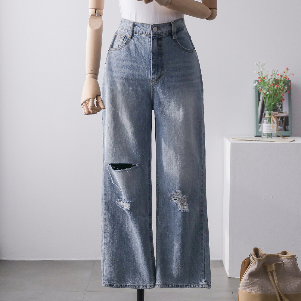 유닉 데미지 일자핏 와이드 뒷밴딩 찢청바지 데님팬츠 - 상품 이미지