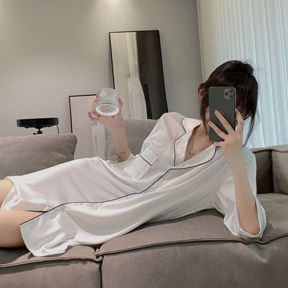 실키 원피스 카라 셔츠 잠옷 휴양지 홈웨어 파자마 - 상세 이미지 3