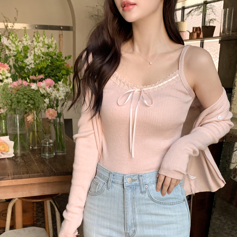 로젤린 리본 스트랩 레이스 골지 나시 가디건 세트 st2815 이미지 8