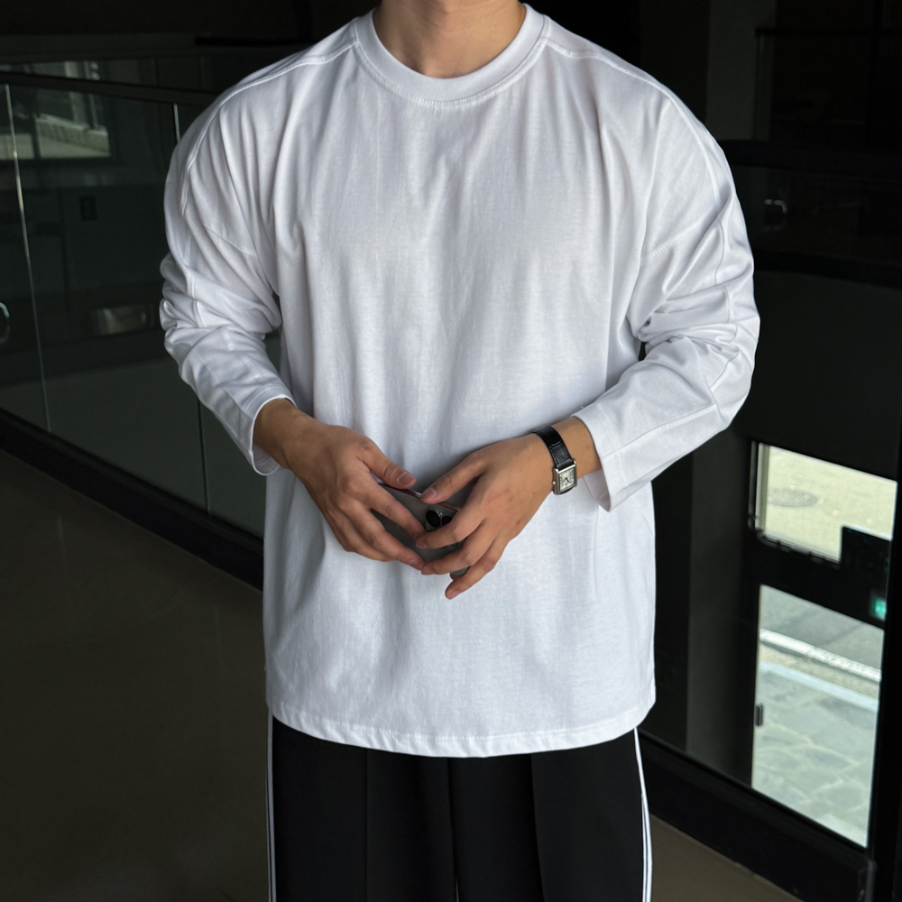 남자 절개 오버핏 두꺼운 안비치는 긴팔 티셔츠 - 상세 이미지 5