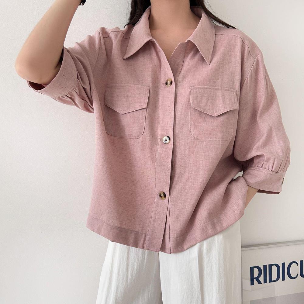 옷자락 여자 칠부남방 투포켓 카라 박스핏 출근룩 여름 셔츠 - 상품 이미지