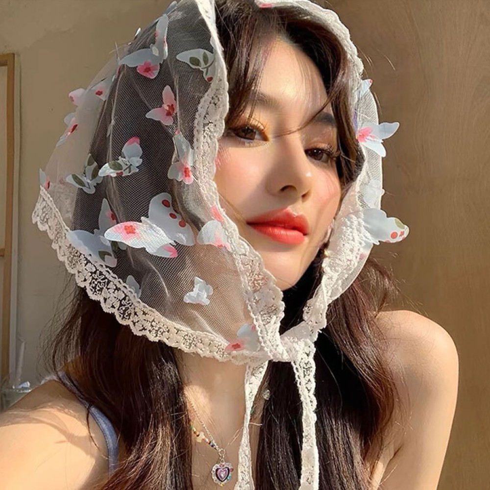 살랑 나비 레이스 헤어 스카프 3color 헤어커치프 자수 망사 예쁜 헤어두건 - 상품 이미지