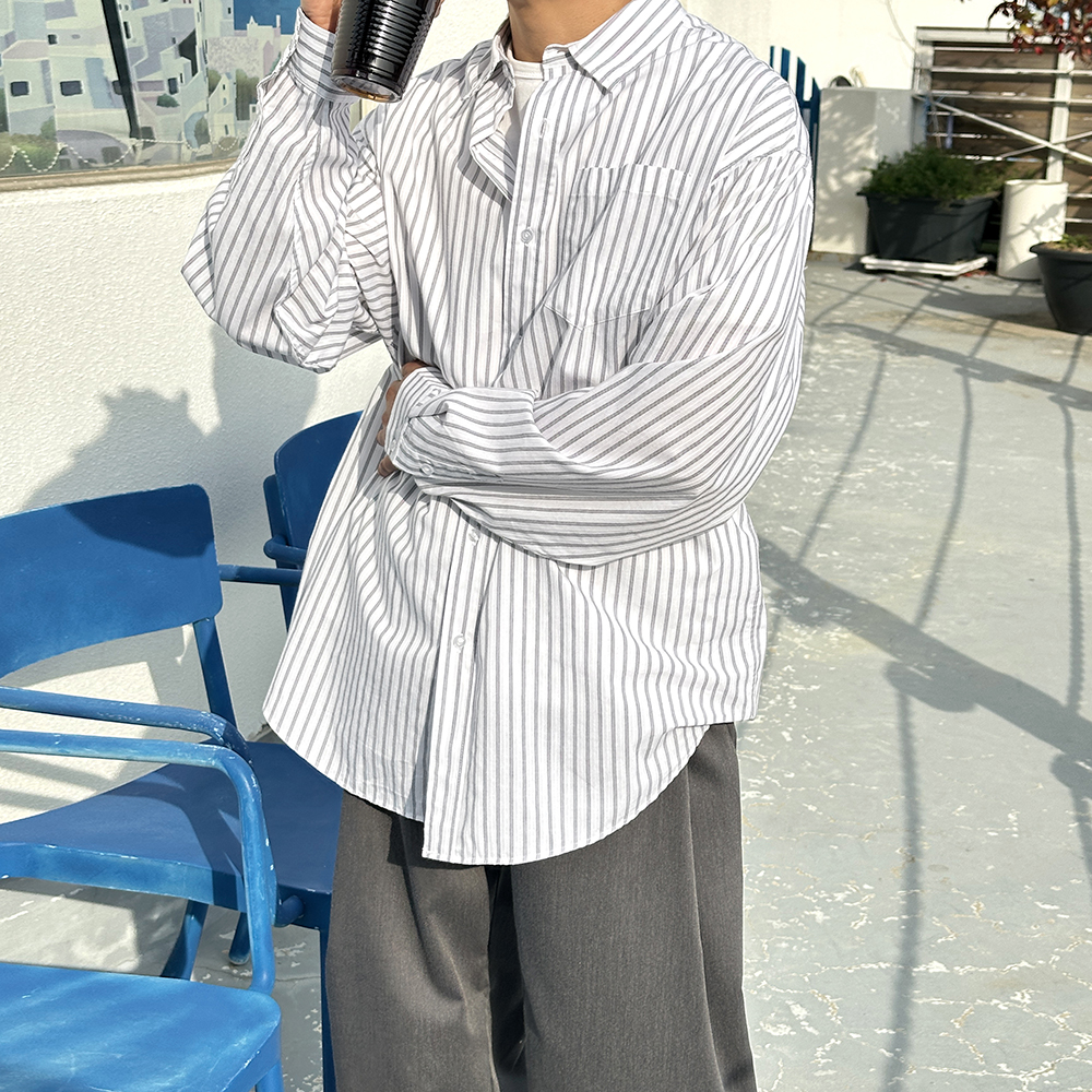 남자 여름 오버핏 스트라이프 시어서커 긴팔 린넨 셔츠 - 상세 이미지 5