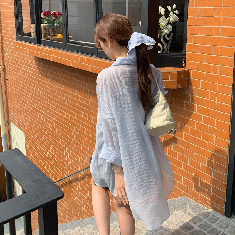 [자체제작] 하이렌 요루 펜던트 루즈핏 텐셀 시스루 셔츠 bs8105 - 상세 이미지 5
