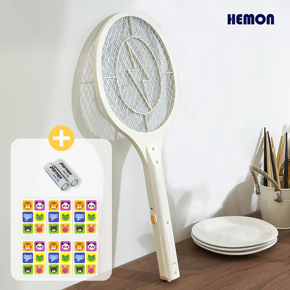 헤몬 전기 모기채 전자 파리채 건전지 휴대용 아이보리