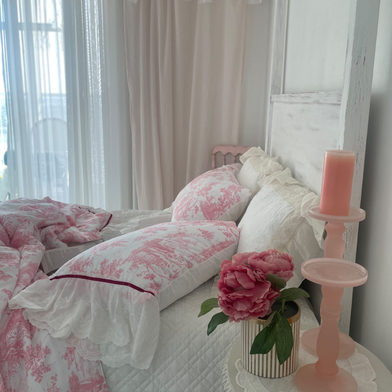 디뮤어 핑크&화이트 포인트망사 커튼