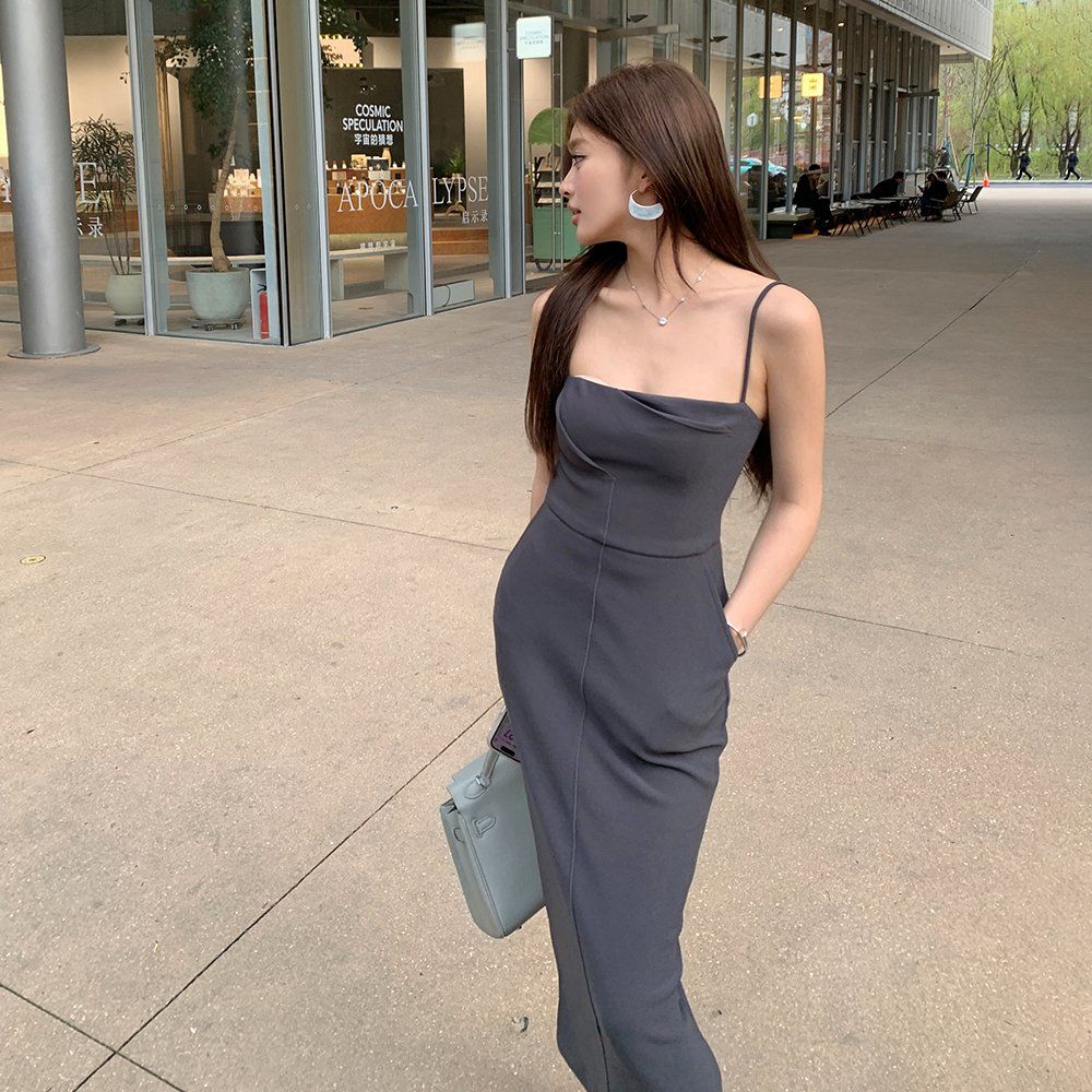 봄 여름 데일리 하객룩 데이트룩 스퀘어넥 끈나시 백리스 포켓 H라인 롱원피스 베이지 차콜 - 상세 이미지 2