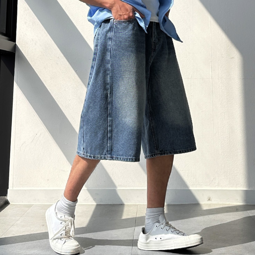 남자 스어 여름 사이드핀턱 와이드 버뮤다 청 데님 반바지
