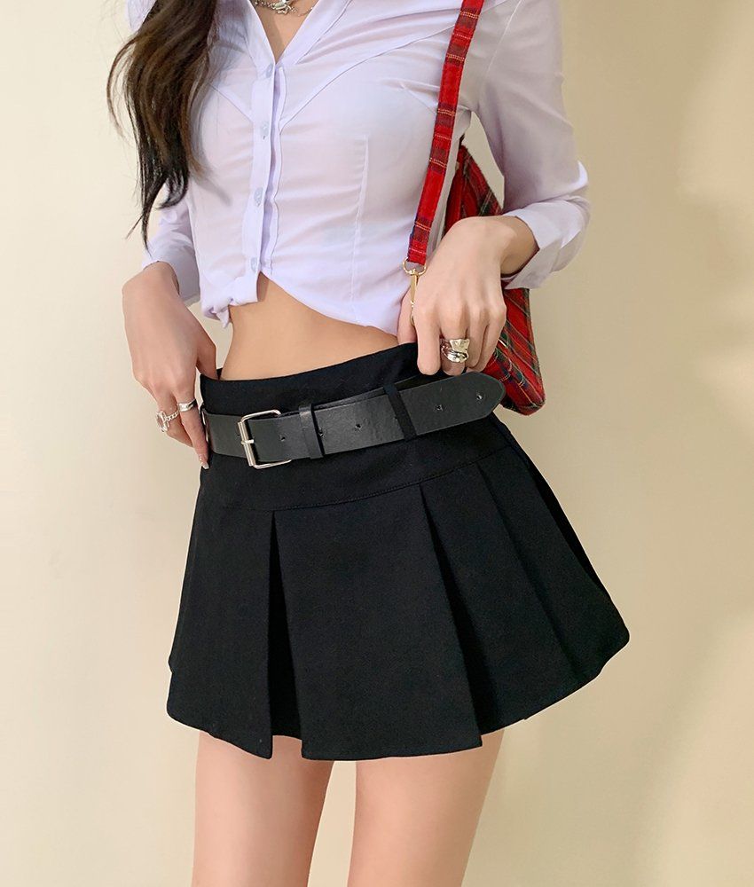 하이웨스트 벨트 세트 플리츠 미니스커트 A라인 코튼 스판 데일리 베이직 치마 봄 가을 블랙 - 상세 이미지 4