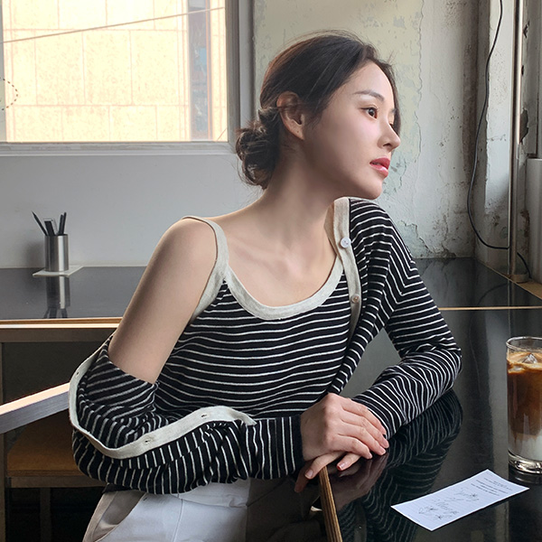 이브니 스트라이프 나시 가디건 세트 st2850