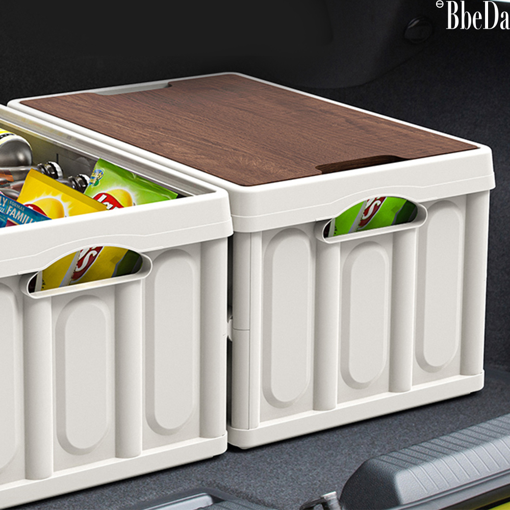 [다용도 대용량 공간절약] 빼다 접이식 자동차 트렁크정리함 테이블겸용 우드상판 수납박스 1+1 30L, 화이트
