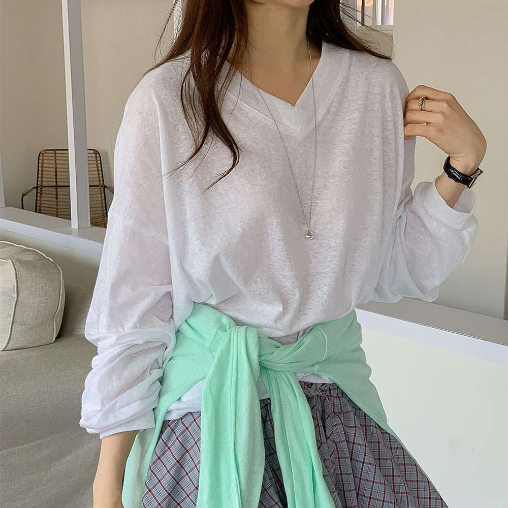 거즈 여성 여름 긴팔 티셔츠 오버핏 시스루 브이넥 박스티 - 상세 이미지 2
