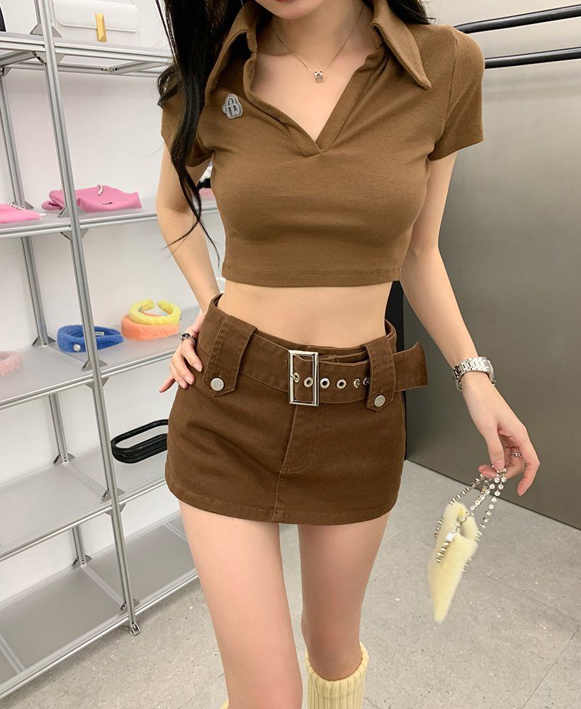 봄 여름 스트릿 Y2K 벨트 데님 스판 A라인 치마바지 미니스커트 브라운 - 상세 이미지 4