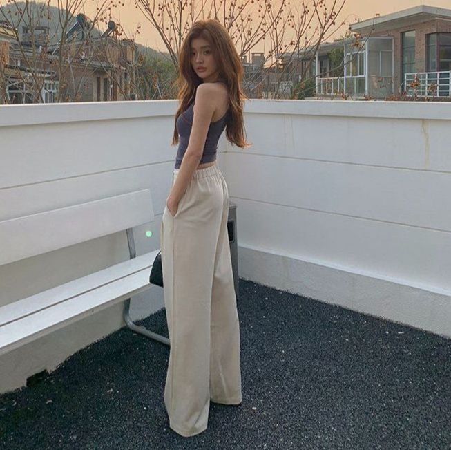 봄 여름 데일리 심플 밴딩 스트링 핀턱 스판 하이웨스트 와이드 롱팬츠 베이지 카키 - 메인 이미지