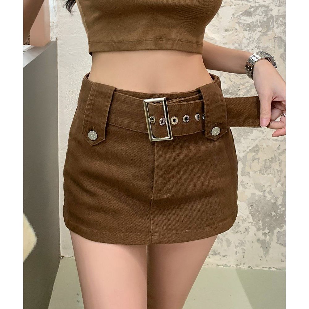 봄 여름 스트릿 Y2K 벨트 데님 스판 A라인 치마바지 미니스커트 브라운
