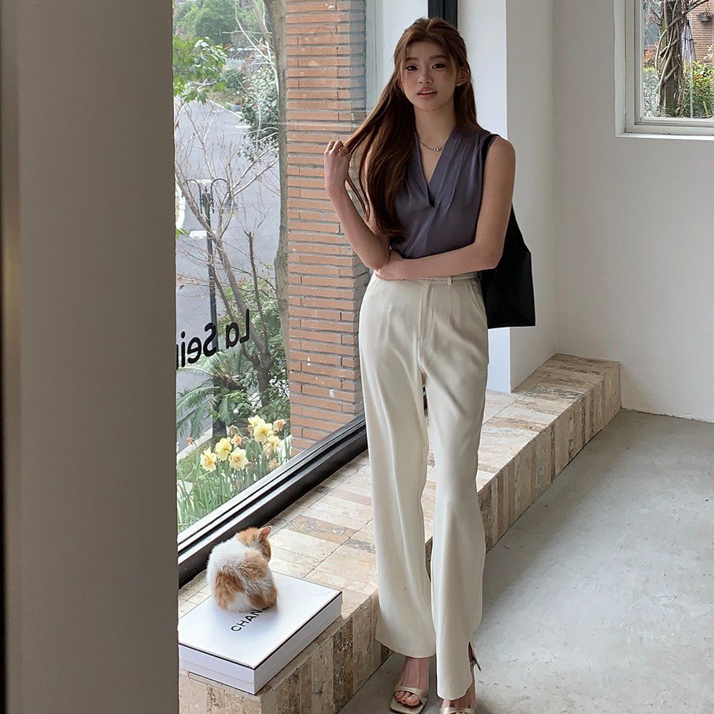 봄 데일리 심플 베이직 하이웨스트 핀턱 스판 와이드 슬랙스 롱팬츠 블랙 베이지 - 메인 이미지
